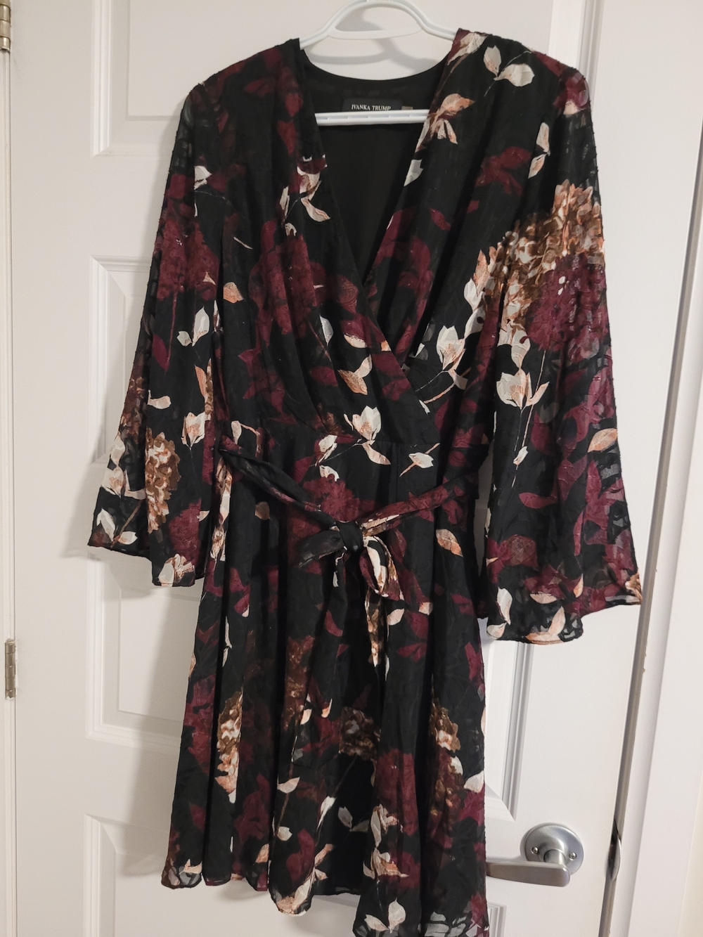 Ivanka Trump Black Floral Wrap Dress with Burgundy & Brown